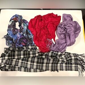 Women’s scarfs. Bundle of four. Purple red,multicolor and black and white plaid.